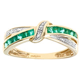 0.53ct Channel Set Square  Emerald and Diamond Pave Crossover Eternity Ring in UK Hallmarked 9ct Yellow Gold